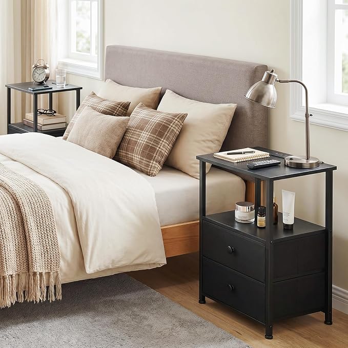 Night Stand, Nightstands Set of 2 with Charging Station | Bedside Table with 2 Fabric Drawers for Bedroom, End Tables with Storage Shelf for Small Spaces, Black