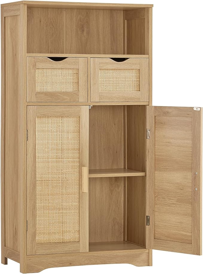 Iwell Storage Cabinet with 2 Drawers & Adjustable Shelves, Rattan Cabinet, Kitchen Pantry Cabinets, Cupboard for Living Room, Kitchen, Home Office, Natural SNG008NR