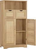 Iwell Storage Cabinet with 2 Drawers & Adjustable Shelves, Rattan Cabinet, Kitchen Pantry Cabinets, Cupboard for Living Room, Kitchen, Home Office, Natural SNG008NR
