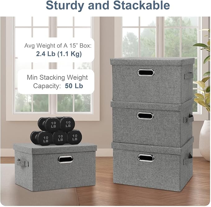 Graciadeco Medium 15" 21 Quart Collapsible Stackable Storage Bins with Lids, 1 Pack Gray Foldable Fabric Closet Storage Boxes with Lids, 4 Handles Heavy-duty Linen Cube Baskets for Bedroom