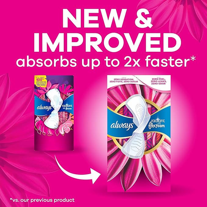 Always Radiant Feminine Pads for Women, Flexfoam Pads with Wings, Size 2, Heavy Absorbency, Lightly Scented, 78 Count (3 Packs of 26)