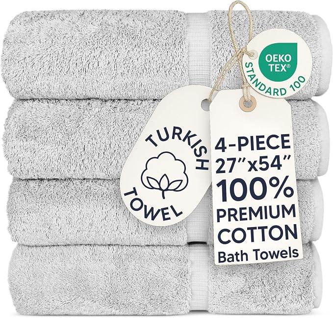 Chakir Turkish Linens 4 Piece Large Bath Towels, 100% Cotton Turkish Towels for Bathroom, Luxury Soft Absorbent Bath Towel Set, 27 x 54 Inches, Silver Gray