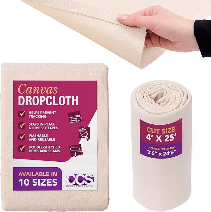 CCS Canvas Drop Cloth for Painting – All Purpose Cotton Duck Cloth Tarp for Curtains, Tablecloths, Backdrops – Washable & Reusable Floor Cover & Dust Sheet for Furniture (4x25 Ft)