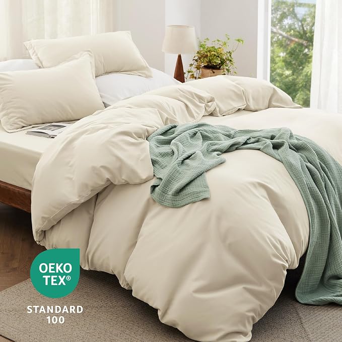 Bedsure California King Size Duvet Cover with Fitted Sheet - 4 Pieces Prewashed Cotton-Like Polyester Soft Bedding Set, Includes 1 Duvet Cover 104''x98'', 2 Pillow Shams, 1 Fitted Sheet, Oat Milk