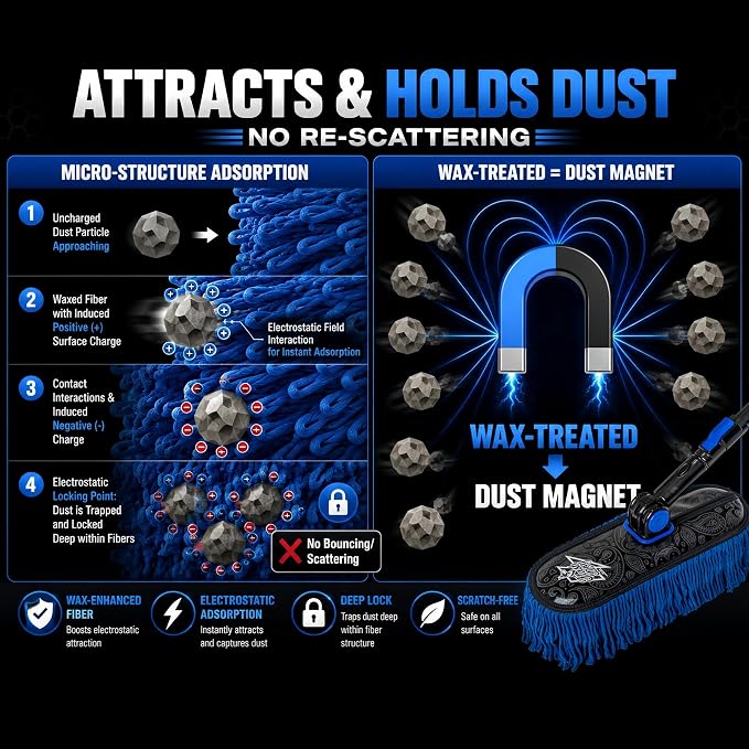 Flash Dog Car Duster Exterior & Interior Duster Aluminum Alloy Extendable Handle and Wax Cotton Strands Scratch-Free Cleaning for Cars, SUVs, RVs | Waterless Dust & Pollen Remover