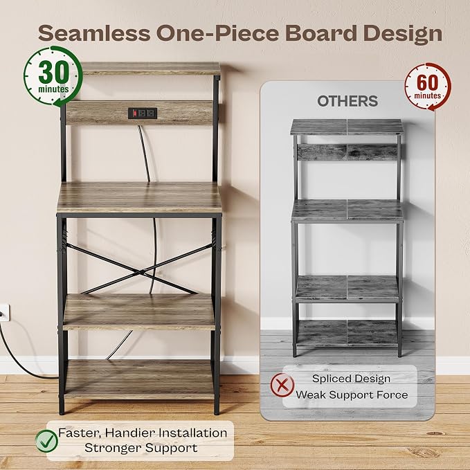 SUPERJARE Kitchen Bakers Rack with Power Outlet, Coffee Bar Table 4 Tiers, Kitchen Microwave Stand with 6 S-shaped Hooks, Kitchen Storage Shelf Rack for Spices, Pots and Pans - Greige
