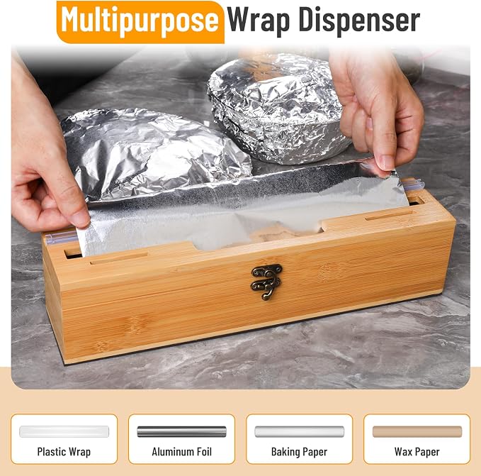 Allinside Magnetic Plastic Wrap Dispenser with Cutter and Labels, Aluminum Foil Holder, Wax Paper Storage Box for Refrigerator, Kitchen Bamboo Organizer Compatible with 12.9" Roll (1 Layer)