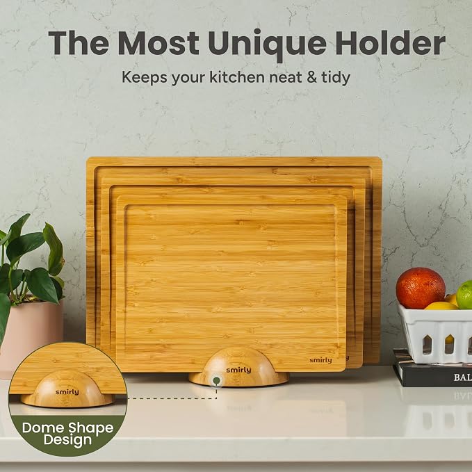 SMIRLY 3 Piece Bamboo Cutting Board Set with Stand for Kitchen | Built-in Handle, Deep Juice Groove, Non Toxic Real Wood, Multiple Sizes Wooden Cutting Boards Set of 3 with Holder
