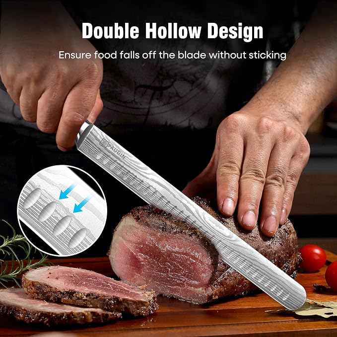 PAUDIN Brisket Knife, 12 Inch Carving Knife Stainless Steel Brisket Slicing Knifes with Granton Edge for Meat Cutting, Roasts, BBQ, Turkey - Grilling Gifts for Men