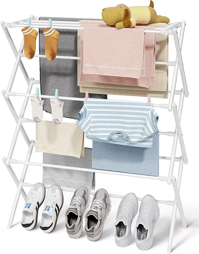 Sakugi Foldable 3-Tier Clothes Drying Rack 37.4" H with Non-Slip Feet | Indoor & Outdoor Use, Space Saving, Metal Frame, 11.4" D x 29.1" W, White