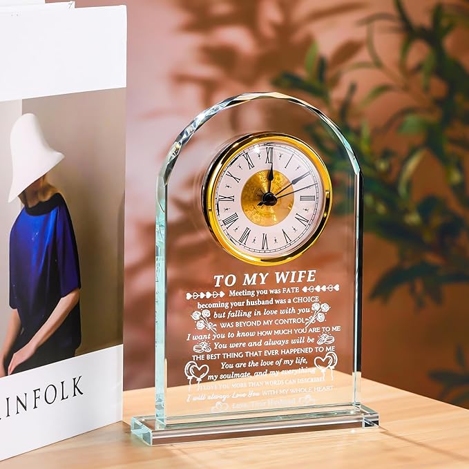 YWHL Gifts for Wife from Husband Wife Birthday Gift Ideas Crystal to My Wife Clock Anniversary Presents Romantic I Love You Gifts for Her on Valentines Mothers Day Christmas