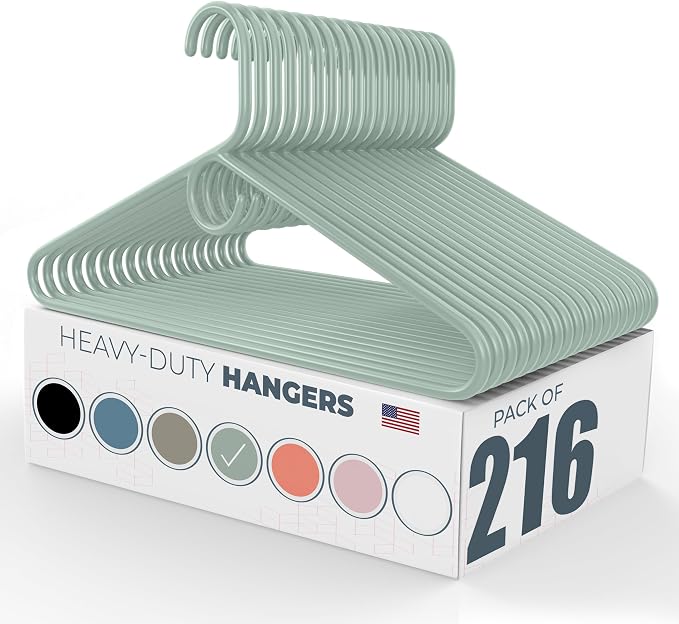 Heavy Duty Clothes Hangers 100+ Pack (216 Count) – Made in the USA – 8lb Capacity Plastic Hangers for Adult Clothing – Durable for Pants, Coats, Jackets, or Jeans – Mint