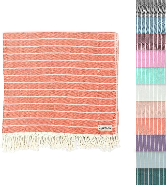 Sand Cloud Turkish Beach Towel - Sand Resistant & Quick Dry Towel | 100% Certified Organic Turkish Towel - Bath Towel or Beach Blanket for Picnic - As Seen on Shark Tank - Gocek (Coral)