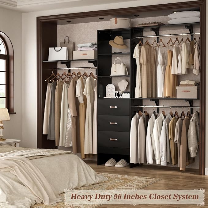 Armocity 96" Wood Closet System with 3 Enclosed Drawers & 3 Solid Shelves, 8FT Adjustable Closet Organizers and Storage, Heavy Duty Modular Wardrobe for Reach-In & Walk-In, 1000 LBS Load, Black