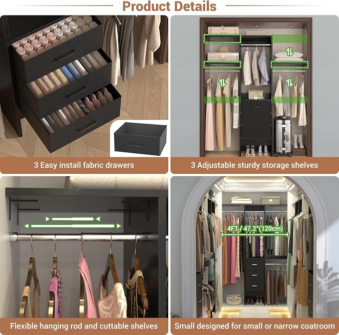 Besiost 4FT Small Closet System with 3 Fabric Drawers, 48'' Closet Organizer System With 3 Adjustable Shelves, Flexible Built-In Clothes Garment Rack for Small Space, 48" L x 13" W x 71" H, Black