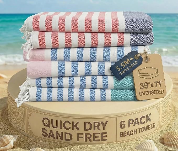 LANE LINEN Beach Towels 6 Pack, Super Absorbent, XL - Diamond Multi Stripe | Bulk Beach Towels Oversized - Pool Towels for Adults - Pre-Washed, 39"x71", Vacation Essential - Machine Washable, Sand Free