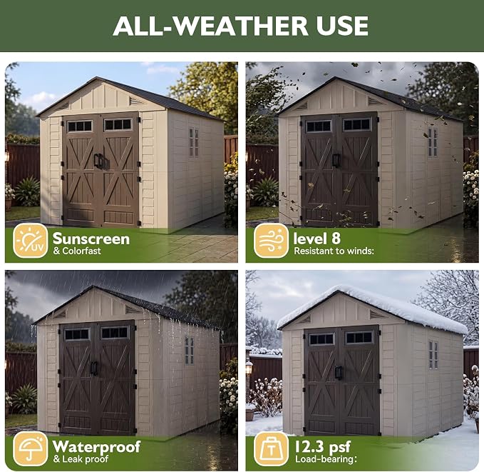 Aoxun 8x10 Ft Outdoor Storage Shed with Lighe & Floor, Large Resin Outdoor Shed with Lockable Door & Windows, Garden HDPE Sheds for Lawn Tools, Pool Supplies & Bikes