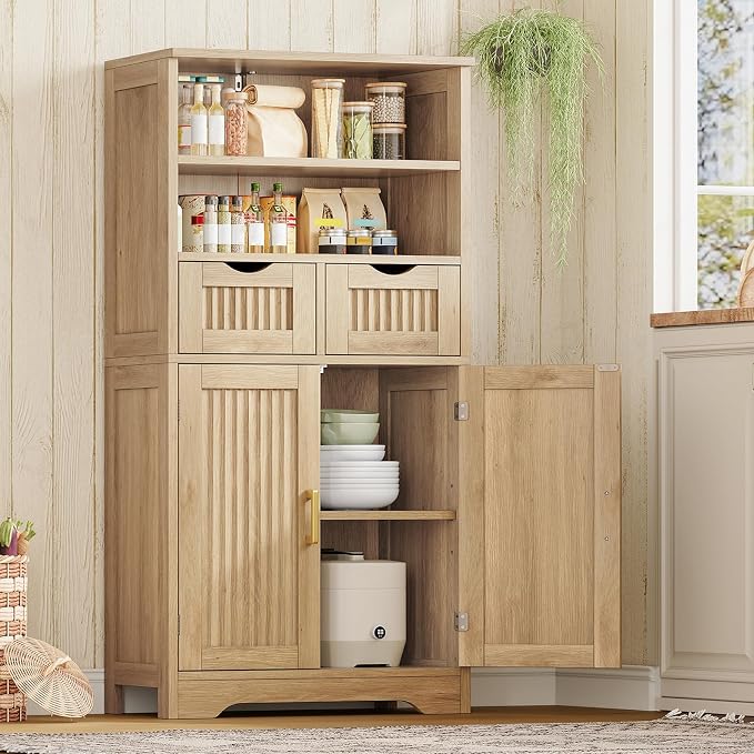 Iwell Tall Storage Cabinet, Fluted Cabinet with 2 Drawers & Adjustable Shelf, Bathroom Storage Cabinet, Kitchen Pantry Storage Cabinet, for Living Room, Dining Room, Home Office, Natural Oak