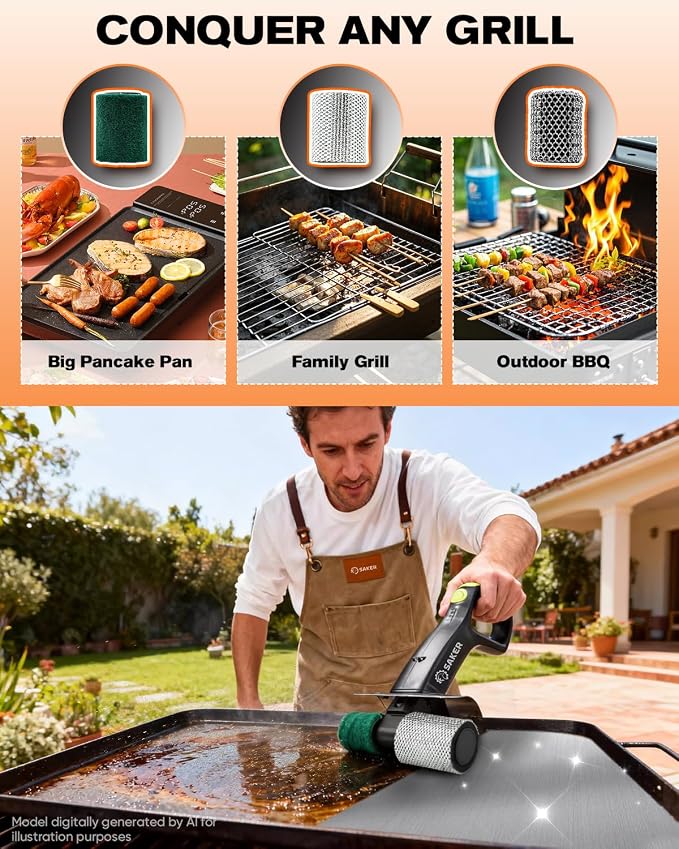 Saker Electric Grill Brush, 450 RPM Automatic BBQ Cleaning Tool with LED Light & 3 Interchangeable Heads – Cordless, Bristle-Free Grill Scrubber for Outdoor Cooking Accessories