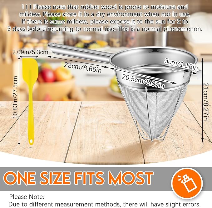 SiliFine Stainless Steel Reinforced Bouillon Sieve Strainer Cone Fine Mesh Strainer with Handle and Rubber Pestle for Kitchen Food Cooking(8 Inch)
