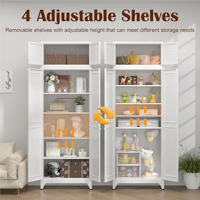 SteeLoong 90”Metal Pantry Storage Cabinet with Doors & 4 Adjustable Shelves | Kitchen Pantry Cabinet,White Kitchen Cabinet with 4 Gold Handles,Tall Cabinet for Livingroom,Pantry, Bathroom,Kitchen,Garage