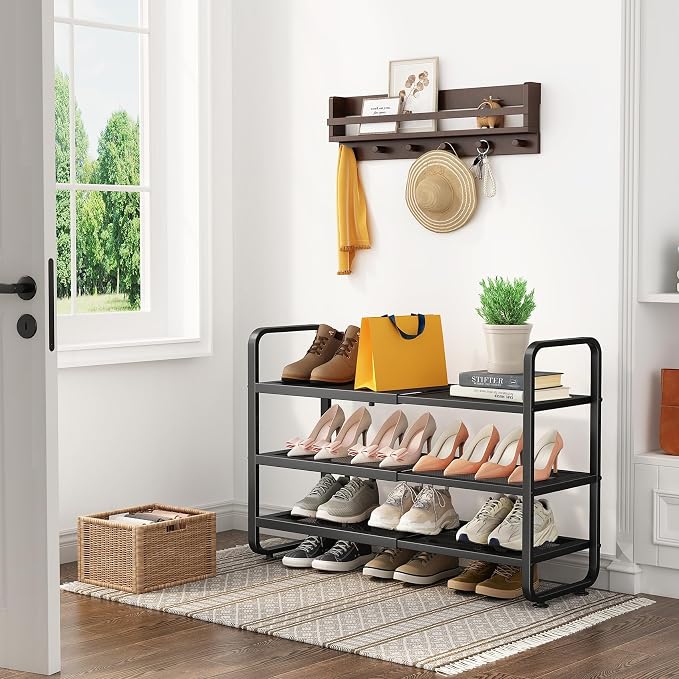 SNTD Shoe Rack - Expandable Shoe Organizer for Closet, Adjustable Metal Shoe Shelf Storage, Stackable Long Shoe Stand Holder for Garage, Entryway, Door Entrance (Black, 3-Tier)