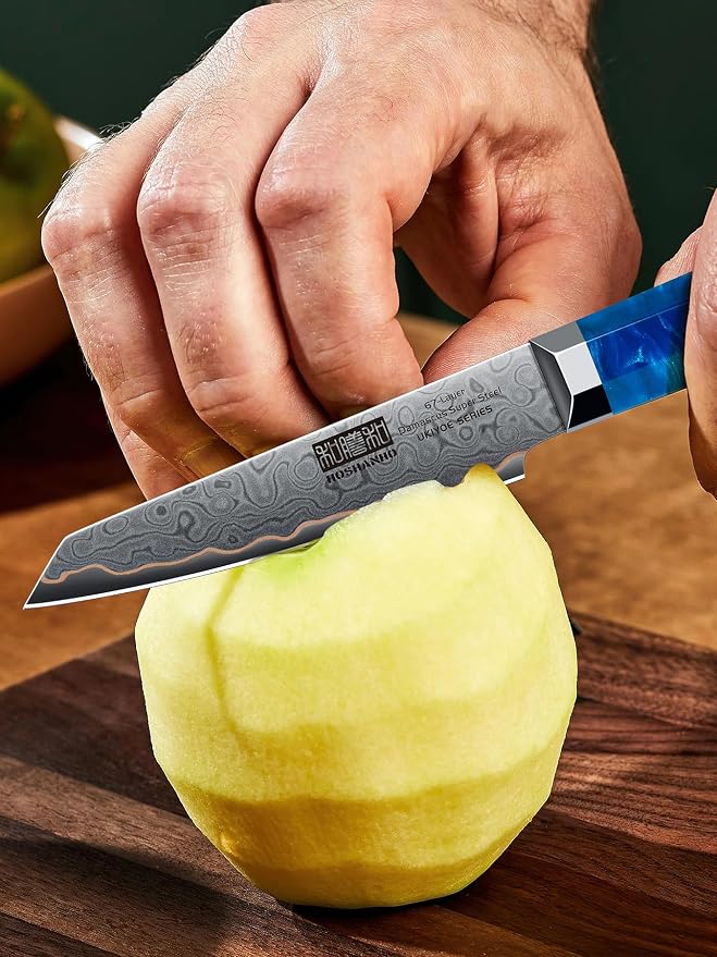 HOSHANHO 4" Damascus Paring Knife, 67-Layer Damascus Steel Fruit Knife | Ultra Sharp Professional Small Kitchen Knives with Ergonomic Blue Resin Stabilized Wood Handle and Wood Gift Box