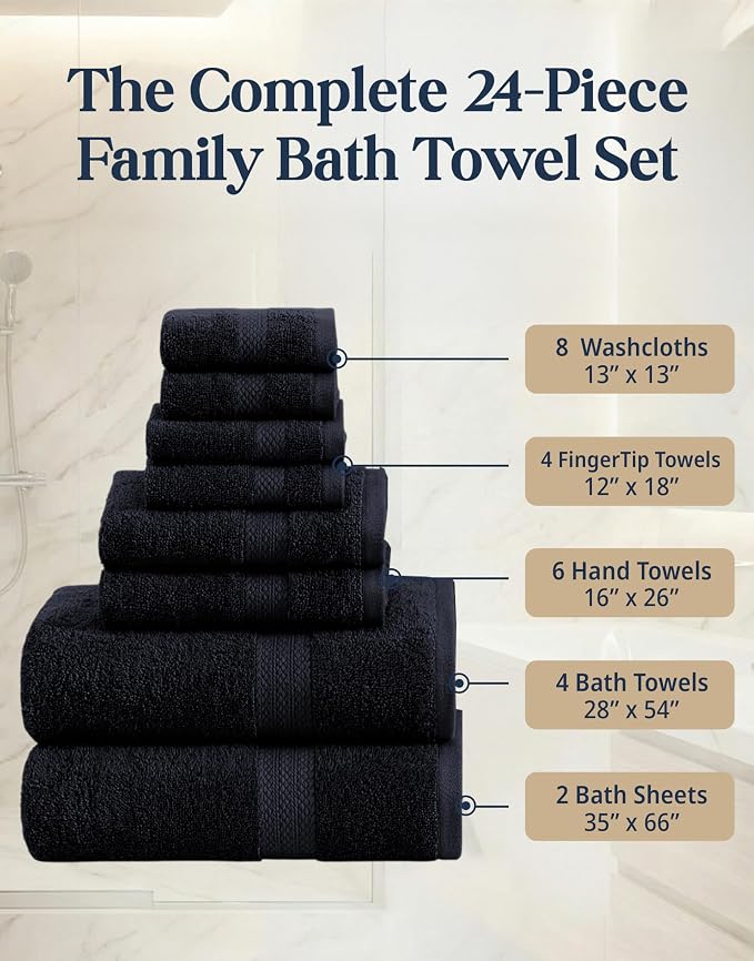 LANE LINEN Bath Towel Set Quick Dry 100% Cotton 24 Piece Soft - Black | Cotton Bath Towels - Classic Terry Weave, Densely Woven & Durable, Easy-Care, Coordinated Colors