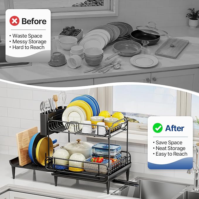 Urackify Dish Drying Rack for Kitchen Counter, Expandable 2 Tier Dish Rack, Large Capacity Dish Drainer with Drainboard Multifunctional Dish Strainer with Removable Cutlery Holder Black | 2 Tier. Expands from 16.9 to 26.6 inches to fit more dishes, wit...