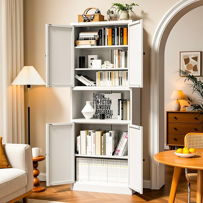 AQY Metal Pantry Cabinet, 72" White Kitchen Storage Cabinet with Doors | Microwave Stand 3 Adjustable Shelves Freestanding Storage Metal Cabinet Kitchen Organization