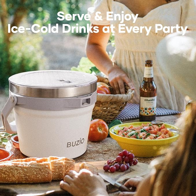 BUZIO 7 L Ice Bucket with Lid Scoop & Tongs & Adjustable Shoulder Strap | Double Wall Vacuum Insulated Stainless Steel Large Beverage Buckets, 48 Hrs Cold Retention for Parties, for Cocktail Bar