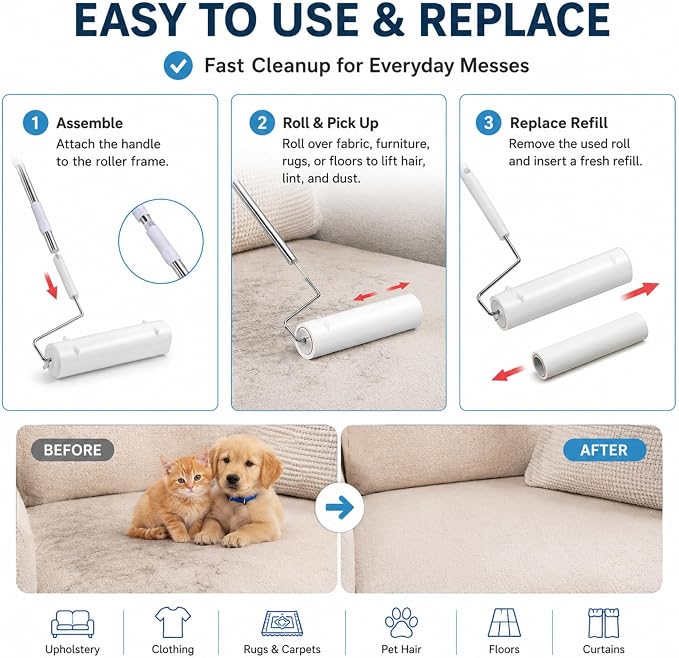 9.45 Inch Large Lint Roller for Pet Hair, Extra Sticky Floor Roller with Long Handle, 20 Refills, Wide Hair Remover for Carpet Couch Furniture Car Seats