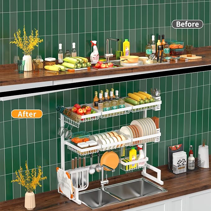 PUSDON Over Sink Dish Drying Rack Stainless Steel, Adjustable Large Dish Drainer for Storage Kitchen Organization White 3 Tier - Standard(34"-46")