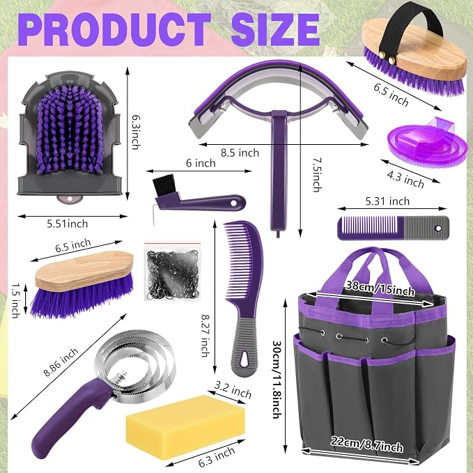 Abbylike 12 Piece Horse Grooming Kit with Organizer Tote Bag Brush Sets for Derby Day Show Horses Professional Tools for Care & Massage(Grey and Purple)