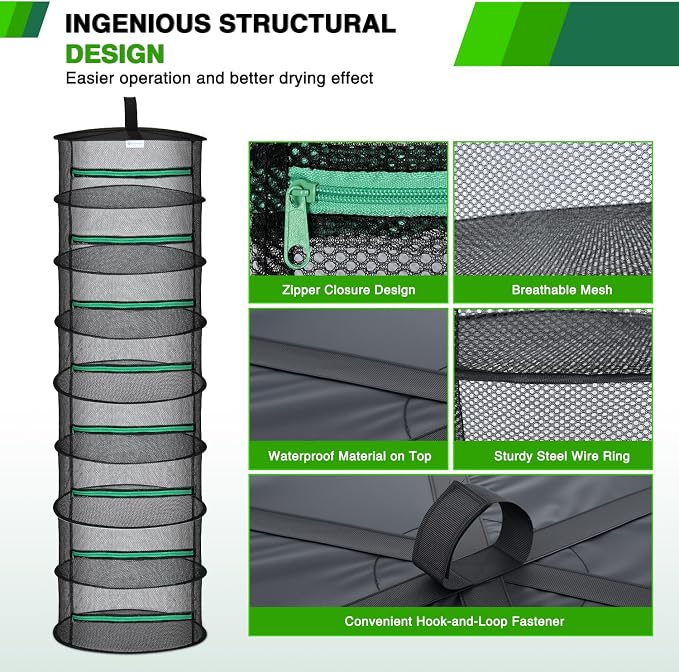 Yesker 8 Layer Herb Drying Rack Hanging Mesh Net Foldable Plant Drying Racks 24" Diameter with Green Zipper & Hook Dryer Hanging Rack for Herbs Seed Bud Fruit Clothes Grow Tent Closets Garden Outdoor | Diameter with Green Zipper & Hook Dryer Hanging Ra...