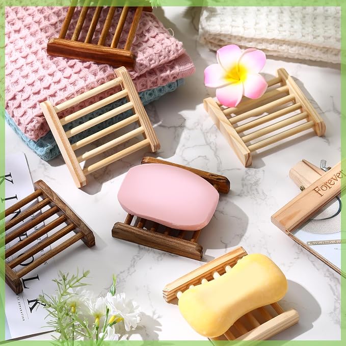 Amyhill 100 Pcs Bamboo Wood Soap Dish Bulk Bathroom Wooden Soap Holder Savers Self Draining Dishes Handcraft Tray, 3.3 x 3.3 x 0.67 Inch (Wood Color,Charcoal Color)