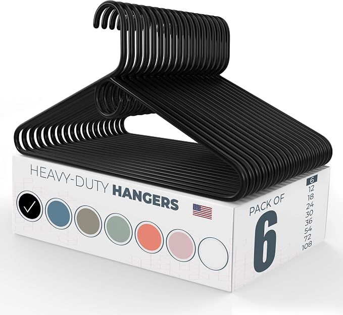 Heavy Duty Clothes Hangers 6 Pack – Made in the USA – 8lb Capacity Plastic Hangers for Adult Clothing – Durable for Pants, Coats, Jackets, or Jeans – Black