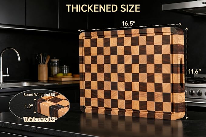 Cutting Boards for Kitchen, Checkered Cutting Board, 1.2" Thick | 16.5" x 11.6" Walnut Wood Chopping Board with Juice Groove&Handle, Double-sided Butcher Block for Prep&Serving with Gift Box