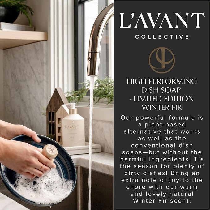 L'AVANT Collective Natural Luxury Dish Soap | Plant-Based, Non-Toxic & Grease-Cutting, Safe for Kids & Pets, Refillable Glass Bottle with Pump, 16 Fl Oz | Winter Fir