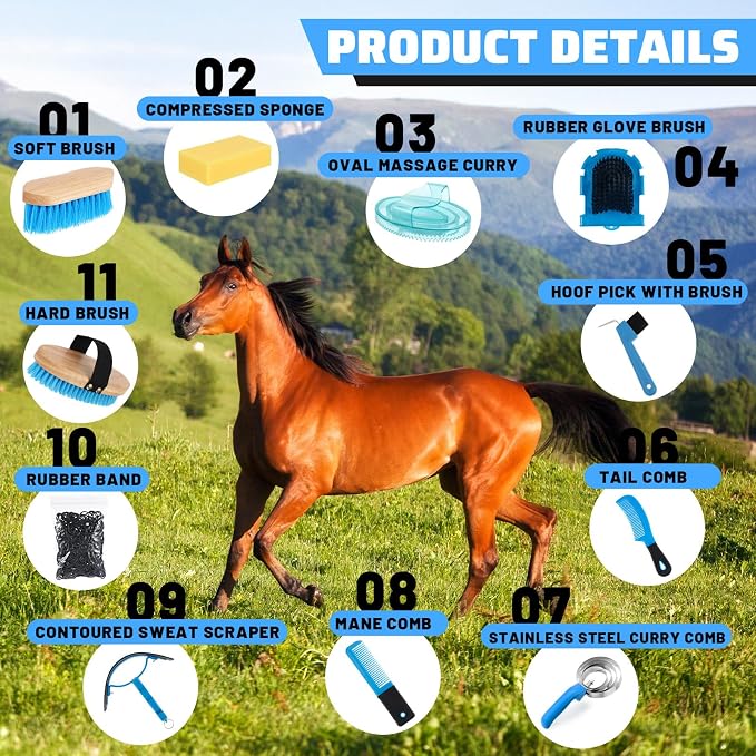 Abbylike 12 Piece Horse Grooming Kit with Organizer Tote Bag Brush Sets for Derby Day Show Horses Professional Tools for Care & Massage(Blue)
