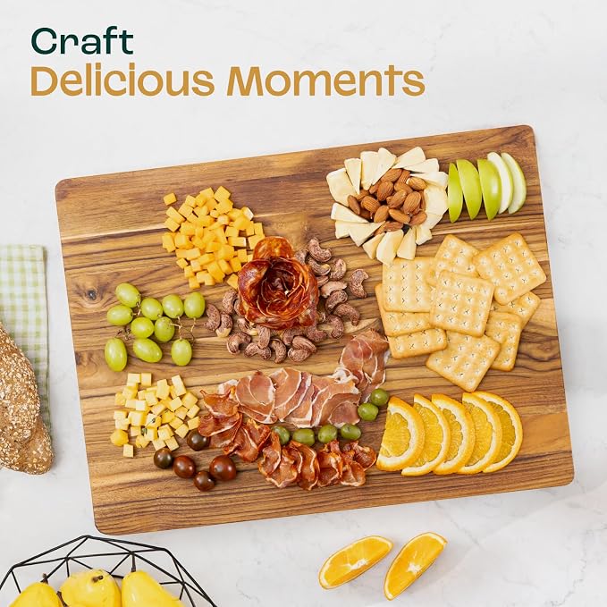 Yes4All Durable Teak Cutting Boards for Kitchen,[16.5''L x 13''W x 1.5”Thick] Medium Edge Grain Cutting Board, Pre Oiled Wood Cutting Boards, Thick Chopping Board w/Juice Grooves and Easy Grip Handle
