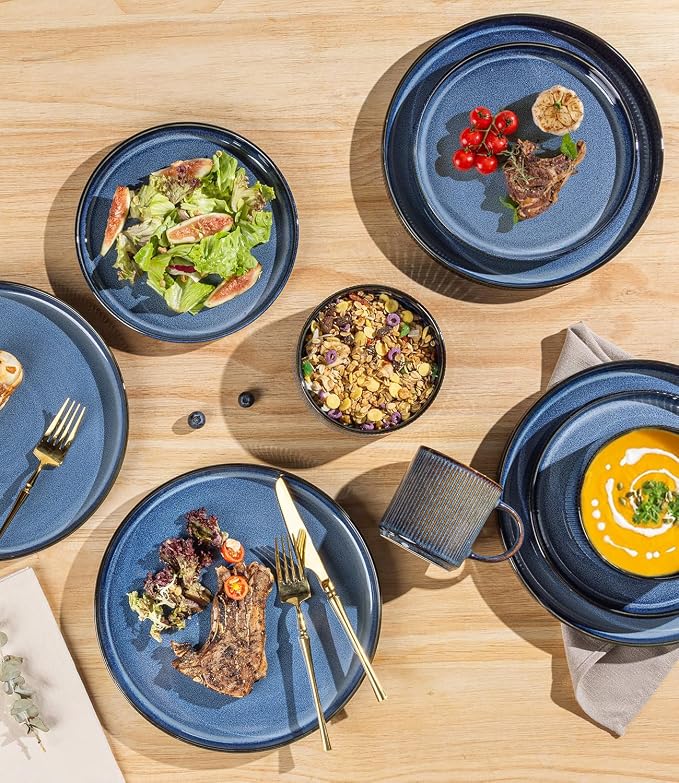 TheTerra Ceramic Dinnerware Sets for 8, 24 Pieces Porcelain Lightweight Plates and Bowls Sets, Scratch Resistant Dish Set, Oven & Microwave & Dishwasher Safe, Starry Blue