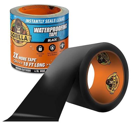 Gorilla Waterproof Patch & Seal Tape, Black Tape, 4" x 10' (Pack of 1) - Permanent Weather Resistant Seal for Leaks and Repairs