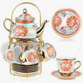 Zhehao 20 Pcs Porcelain Tea Set with Metal Holder and Spoon Adult Ceramic Tea Set European Flower Painting Teapot Cup Saucer Spoon for Women Mom Gift, Large Version (Retro Style)