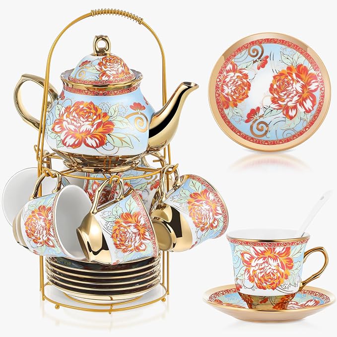 Zhehao 20 Pcs Porcelain Tea Set with Metal Holder and Spoon Adult Ceramic Tea Set European Flower Painting Teapot Cup Saucer Spoon for Women Mom Gift, Large Version (Retro Style)