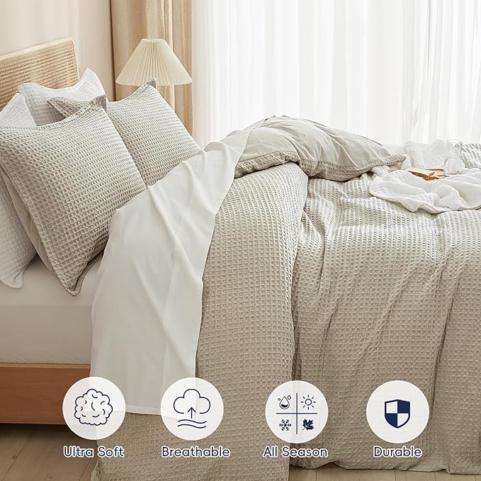 PHF Waffle Weave Duvet Cover Set Queen Size, No Snagging Ultra Soft Luxury Textured Breathable Comforter Cover for All Season 3pcs, Durable Bedding Duvet Set with 2 Pillow Shams, 90"x90", Linen