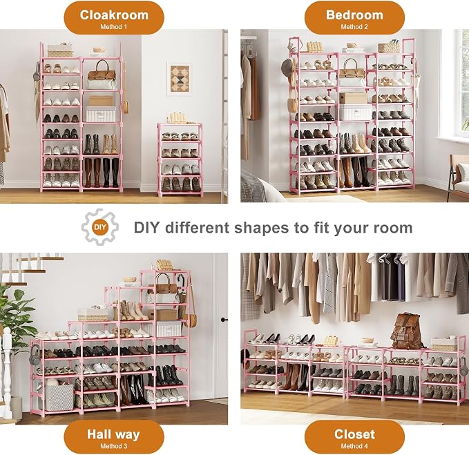 WOWLIVE 9 Tiers Shoe Rack Shoe Storage Shoe Organizer 50-55 Pairs Shoe Tower Unit Shelf Durable Metal Pipes with Plastic Connectors Stackable Cabinet Pink