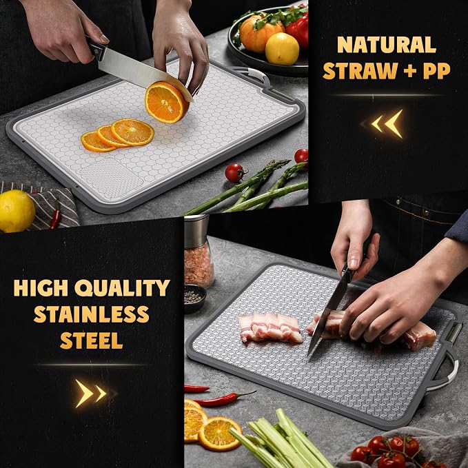 Large Stainless Steel Cutting Board, 16 Inch Double Sided Chopping Board for Kitchen, Non Toxic, Scratch-resistant Mesh Design, Juice Groove, Dishwasher Safe, 304 Stainless Steel and Wheat Straw PP