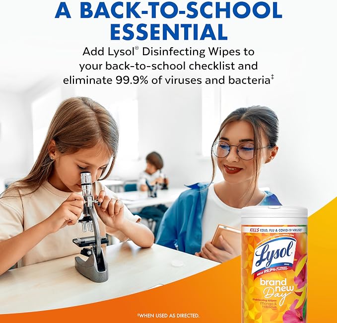 LYSOL Disinfecting Wipes, All Purpose Cleaner, Multi-Surface Antibacterial Cleaning Wipes, Household Cleaning Supplies, Dorm Essentials, Mango & Hibiscus Scent, 80 ct.