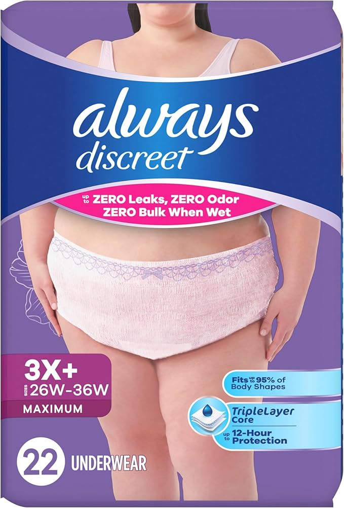 Always Discreet Reimagined Adult Diapers for Women, Maximum Absorbency Incontinence and Postpartum Underwear Size 3X+, Up to 100% Leak Free Bladder Leak Protection, 22 Count